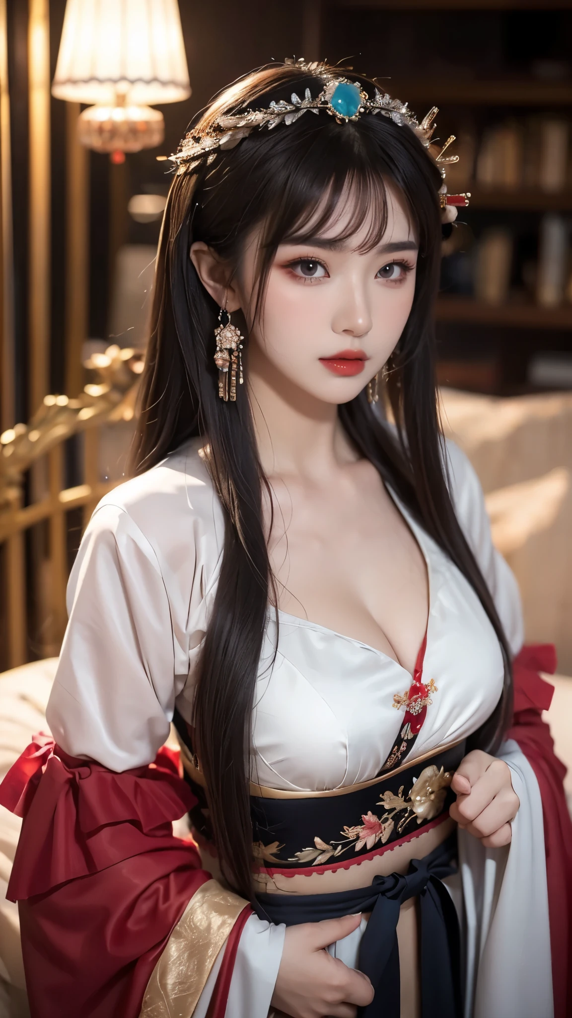 Shaosiming Hanfu, chinese clothes, traditional clothes, layered clothes,dress,red frilled shawl,
wide sleeves, long sleeves, sleeves past wrists, jewelry,hair stick, tiara, gem,ribbon,
hair ornament, purple hair, very long hair, blunt bangs, hair rings, ultra HD，red makeup,Ancient makeup,8k, masterpiece，Top image quality，A beautiful girl，phcrystal, ((I-type Valley)), ((Chest Window)), ((Visible cleavage)), enjoy,blush,excited,obsessed,Expression enjoy, Flowing long hair，Stunning Hairstyle，Crystal texture，sparkling，Skin like jade，Pink dream lights，Vast space background，Sit upright，Full body display，A familiar background。