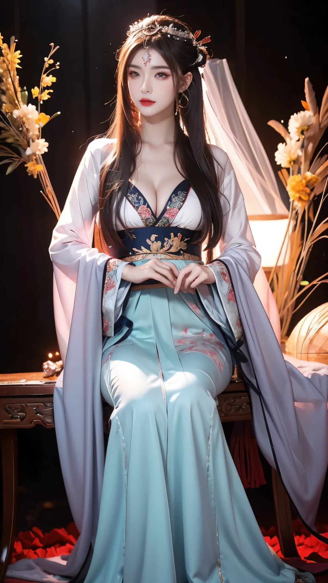 Shaosiming Hanfu, chinese clothes, traditional clothes, layered clothes,dress,red frilled shawl,
wide sleeves, long sleeves, sleeves past wrists, jewelry,hair stick, tiara, gem,ribbon,
hair ornament, purple hair, very long hair, blunt bangs, hair rings, ultra HD，red makeup,Ancient makeup,8k, masterpiece，Top image quality，A beautiful girl，phcrystal, ((I-type Valley)), ((Chest Window)), ((Visible cleavage)), enjoy,blush,excited,obsessed,Expression enjoy, Flowing long hair，Stunning Hairstyle，Crystal texture，sparkling，Skin like jade，Pink dream lights，Vast space background，Sit upright，Full body display，A familiar background。