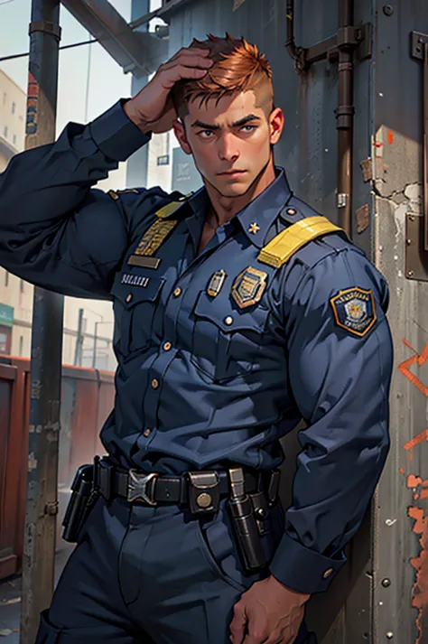 32k, high quality , Detailed face , Detailed eyes, muscle , Short Hair , A police officer held captive in a rusty iron prison