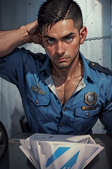 32k, high quality , Detailed face , Detailed eyes, muscle , Short Hair ,A police officer locked in a dark prison