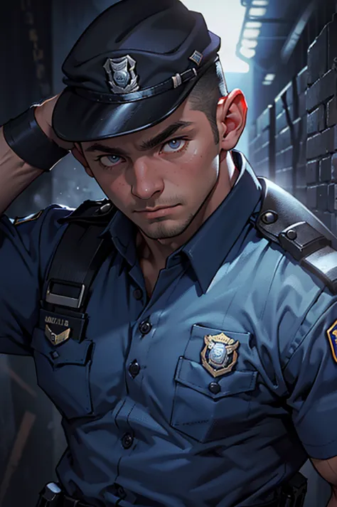 32k, high quality , Detailed face , Detailed eyes, muscle , Short Hair ,A police officer collapses in a dark dungeon