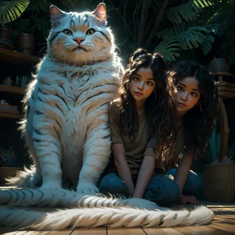 a girl exploring the rainforest with a giant cat, beautiful detailed eyes,beautiful detailed lips,extremely detailed eyes and fa...