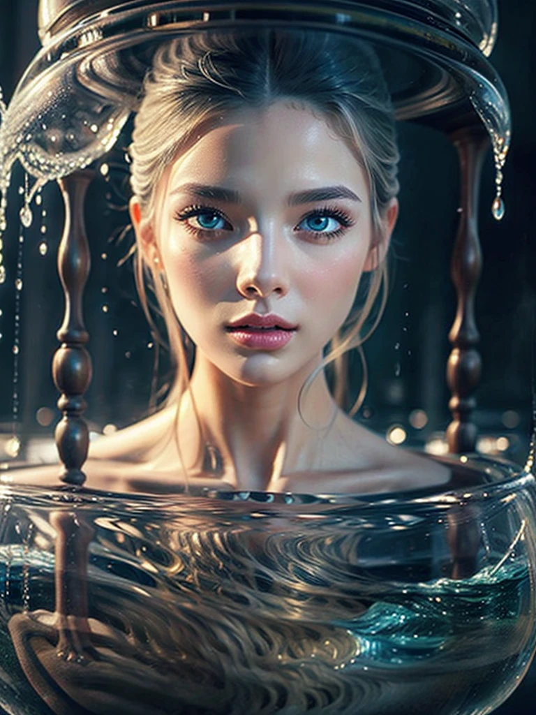 a woman with beautiful features, long grey hair, wearing a pure white dress, high quality, photorealistic, detailed portrait, extremely detailed face, beautiful eyes and lips, long eyelashes, well-proportioned body,  perfect perspective, masterpiece, 8K, photo-realistic、It is surrounded by glass-like water.