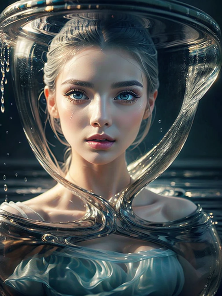 a woman with beautiful features, long grey hair, wearing a pure white dress, high quality, photorealistic, detailed portrait, extremely detailed face, beautiful eyes and lips, long eyelashes, well-proportioned body,  perfect perspective, masterpiece, 8K, photo-realistic、It is surrounded by glass-like water.