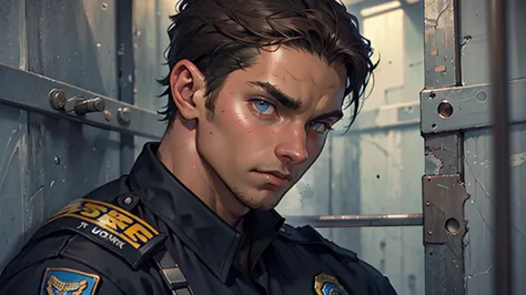 32k, high quality , Detailed face , Detailed eyes, muscle , Short Hair , A police officer imprisoned in a cell with rusty iron b...