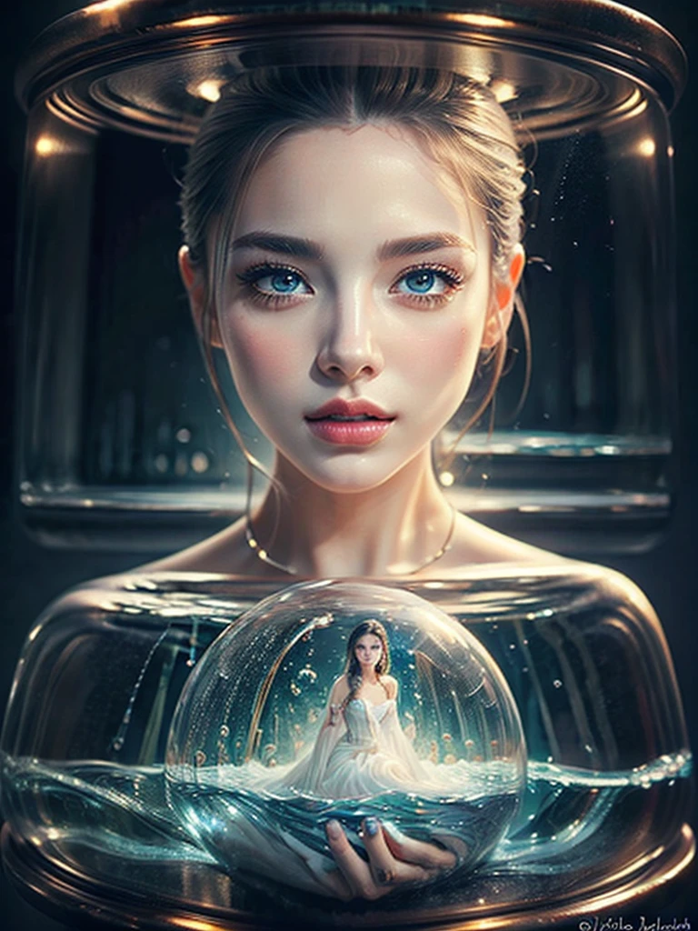 a woman with beautiful features, long grey hair, wearing a pure white dress, high quality, photorealistic, detailed portrait, extremely detailed face, beautiful eyes and lips, long eyelashes, well-proportioned body,  perfect perspective, masterpiece, 8K, photo-realistic、It is surrounded by glass-like water.