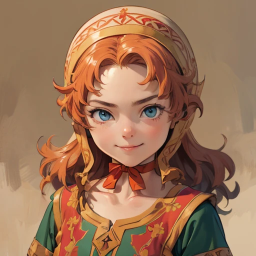 (masterpiece), (best quality),(portrait),(bust up),1girl,solo,(sharp focus),(look at viewer),hobbit,young girl,maribel,orange hair,hood,red choker,ancient clothes,(simple background),old school fantasy art,super shiny face,Ultra Glossy Skin,smile,embroidery outfit,medieval farmer outfit,moss green outfit, ,beige outfit