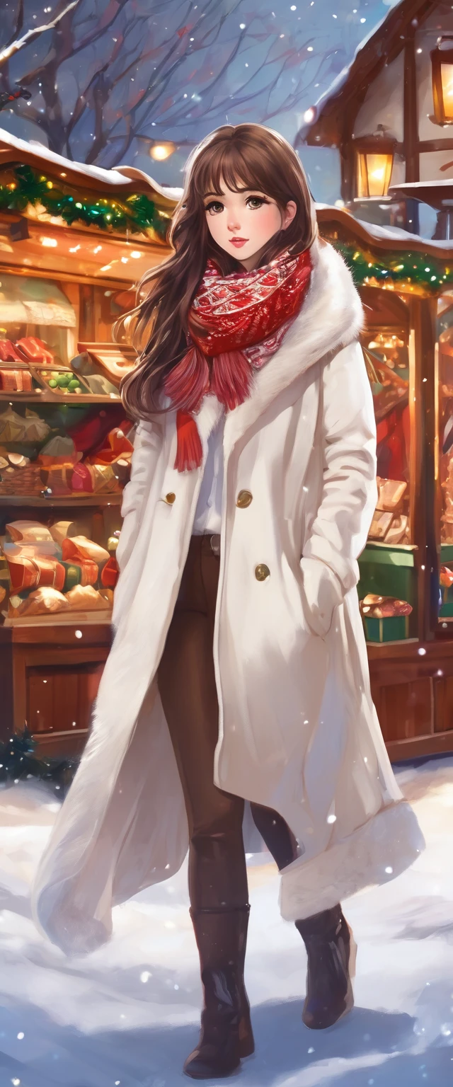 (masterpiece, Highest quality:1.2), One girl, alone, 20-year-old, Healthy Body, Medium Long Hair, Brown Hair, Big black eyes, Christmas Market, White scarf,   She has her bangs down