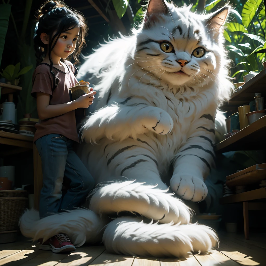 a beautiful girl playing with a giant cat in the rainforest