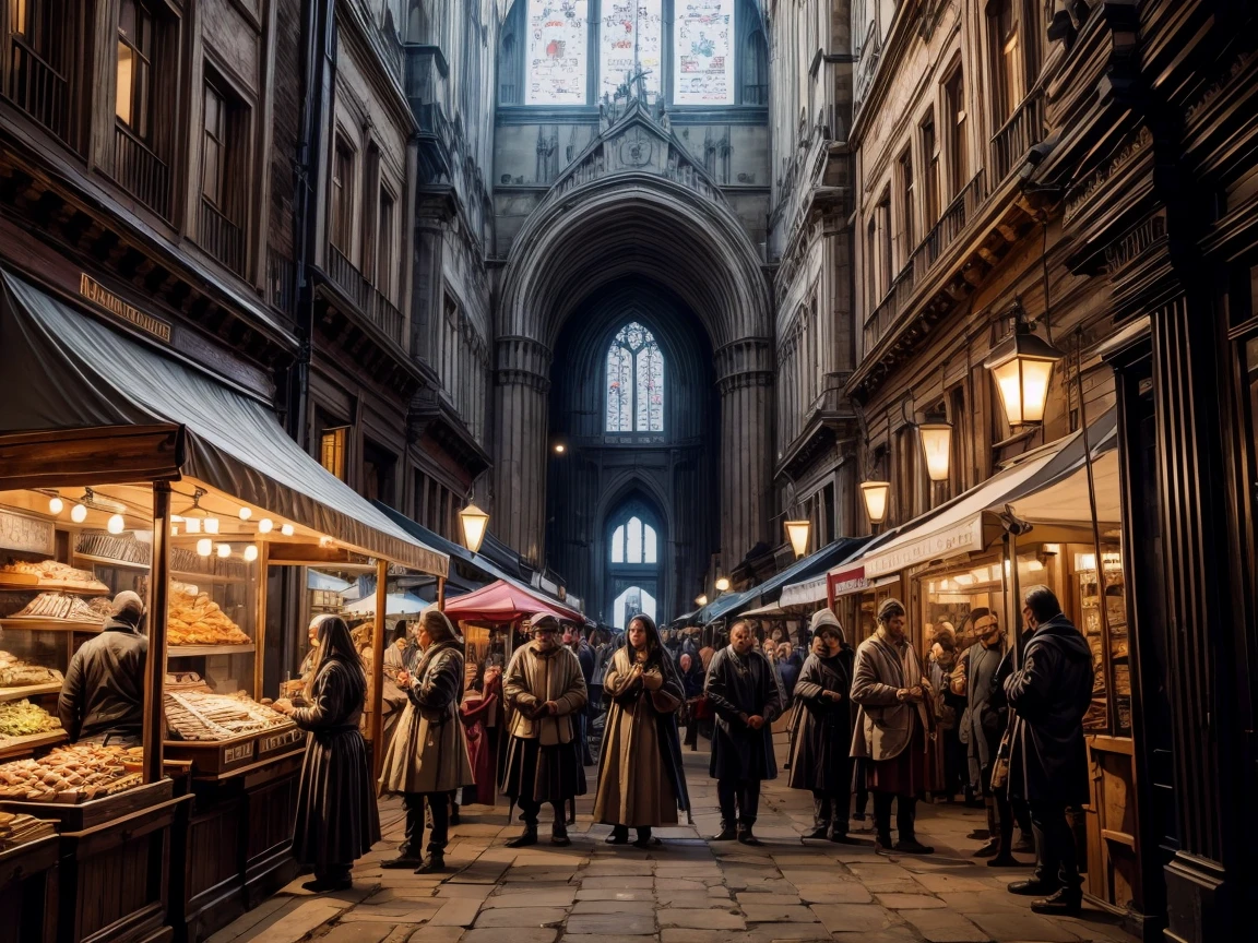 a crowded medieval market scene in ancient England, slave auction,  one naked curvy hourglass figure woman with hands chained in handcuffs being auctioned in the center, detailed crowd dressed in old English clothing, highly detailed, 4k, realistic, dramatic lighting, muted color palette, historical, ornate architecture, cobblestone streets, steam rising, stalls with produce, craftspeople at work, dramatic tension