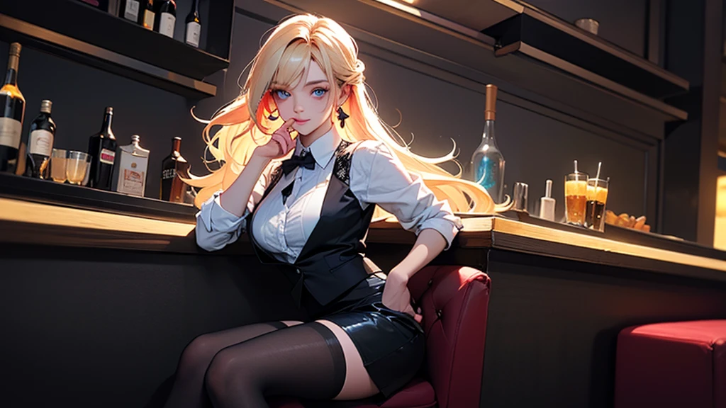 masterpiece、high resolution 8k、NSFW、sharp focus、contrast lighting、fine skin、muste piece、 highest quality、Ultra - High resolution、Super high resolution、Highly detailed CG, realisticlying, a lady, permanent, bartender, ((Black vest with white shirt) black tie), (black skirt with black lace stockings high heels), Stylish clothing, adult, very long wavy hair, half updo half up half down, shine blue eyes, long upper eyelashes, most detailed eyes, light makeup, seductive expression eyes, (seductive smile:0.8), (Masterpiece best quality:1.2) Exquisite illustrations and super detailed, Medium breast, detailed face, high quality hair, super detailed finger, BREAK, ((Colorful neon lights:1.37) hang on the wall), (Neon tube:1.37), glowing, rest, (Fashion bar:1.2), indoors, ((cocktail glass) Filled with colorful wine), (The room is dimly lit), wine bottle, Art Deco, Detailed background, BREAK, Super textured skin, super detail face, perfect face, Super fine facial details, beautiful and delicate eyes, perfect eyes, correct limbs, (correct finger), super detail finger, best hair quality, best clothing quality, best prop quality, best backgroud detail and quality, anatomically correct, best quality, highres, award winning