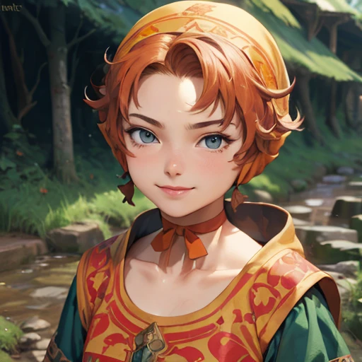 (masterpiece), (best quality),(portrait),(bust up),1girl,solo,(sharp focus),(look at viewer),hobbit,young girl,maribel,orange hair,hood,red choker,ancient clothes,(simple background),old school fantasy art,super shiny face,Ultra Glossy Skin,smile,embroidery outfit,medieval farmer outfit,moss green outfit, 