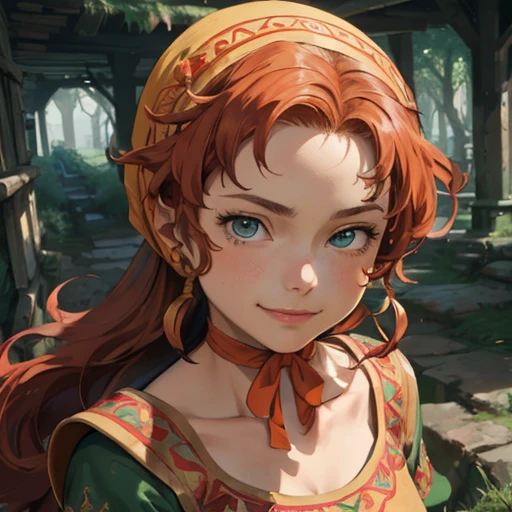 (masterpiece), (best quality),(portrait),(bust up),1girl,solo,(sharp focus),(look at viewer),hobbit,young girl,maribel,orange hair,hood,red choker,ancient clothes,(simple background),old school fantasy art,super shiny face,Ultra Glossy Skin,smile,embroidery outfit,medieval farmer outfit,moss green outfit, 