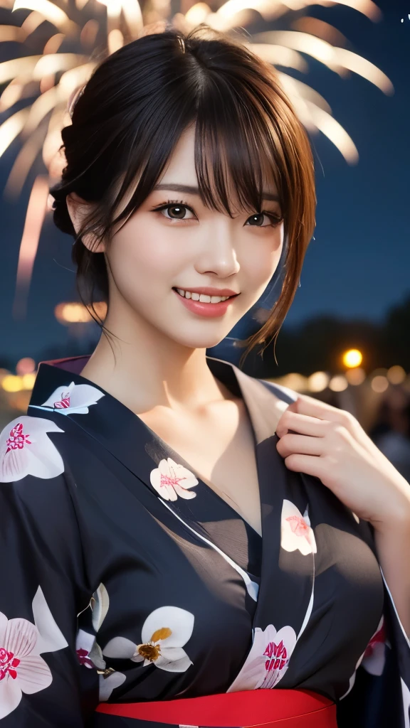 8K,Highest quality,(masterpiece:1.2),(Realistic),(Realistic:1.37),Ultra-high resolution,One Young Woman,((smile)),night,Big Breasts,Beautiful Eyes,festival grounds,(((Fireworks bursting into the sky))),(((night))),(((yukata))),Perfect body,Perfect Fingers,Professional Lighting,gravure,Detailed face and skin texture,fine grain,RAW Photos