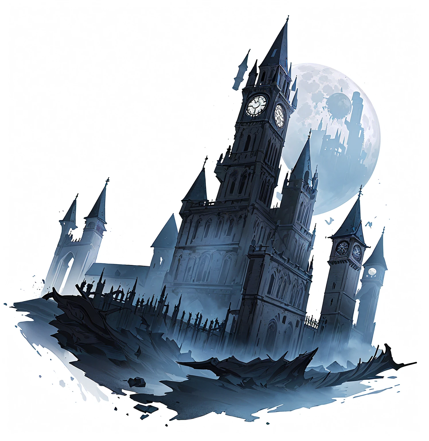 There is a black and white photo，Above is a castle with a bell tower, shadowy castle background, Castle scene cartoon,Fifth personality style,Anime style， Dark Castle Background, Moon Painted Tower, Inspired by Castlevania, Dark Castle Setting, Bloodborne Art, Bloodborne Cathedral, background technology, Gothic castle, Bloodborne concept art, Bloodborne style, Hollow Knight concept art, scarry castle). mystery