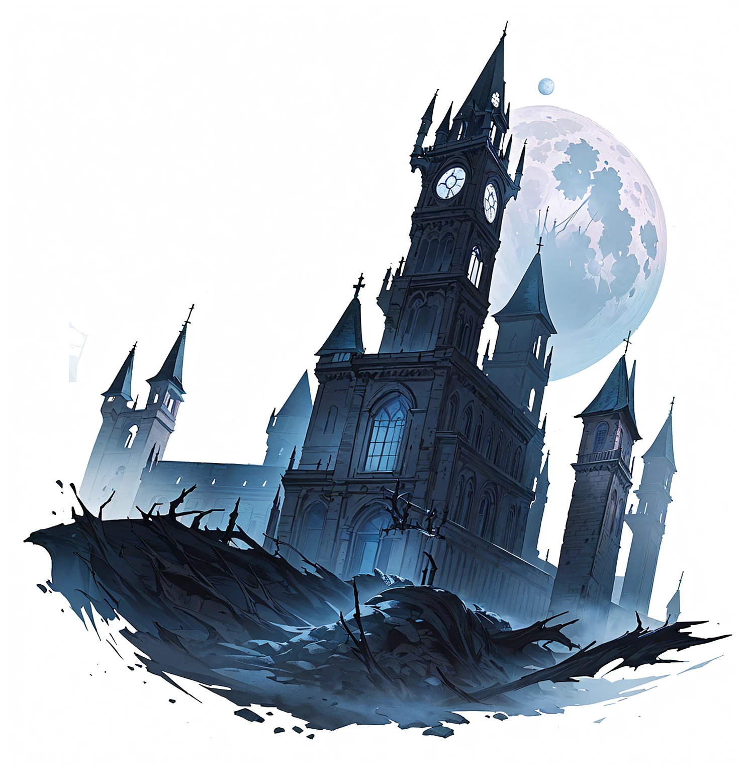 There is a black and white photo，Above is a castle with a bell tower, shadowy castle background, Castle scene cartoon,Fifth personality style,Anime style， Dark Castle Background, Moon Painted Tower, Inspired by Castlevania, Dark Castle Setting, Bloodborne Art, Bloodborne Cathedral, background technology, Gothic castle, Bloodborne concept art, Bloodborne style, Hollow Knight concept art, scarry castle). mystery