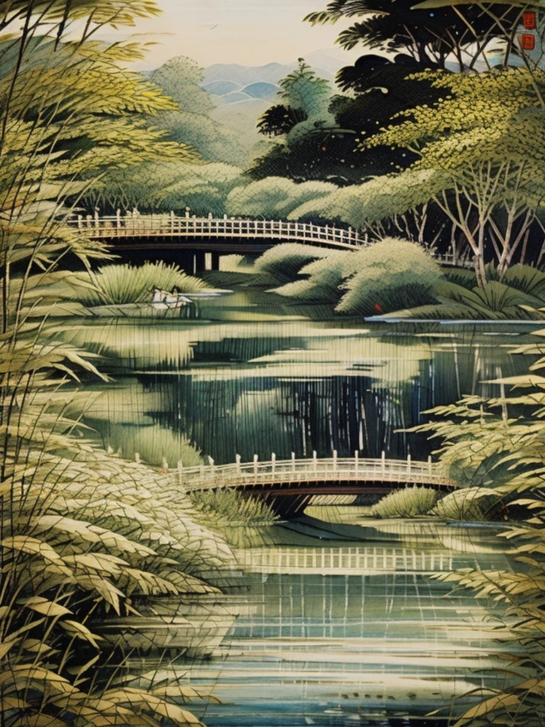 造園，水辺の館，芸術的構想が豊か，水墨画，中国絵画，柳，スパークリング