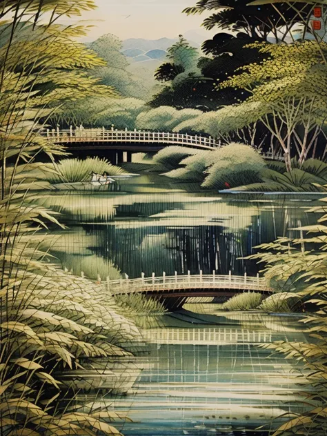 Landscape architecture，Pavilion by the water，Rich in artistic conception，Ink Painting，Chinese painting，willow，Sparkling