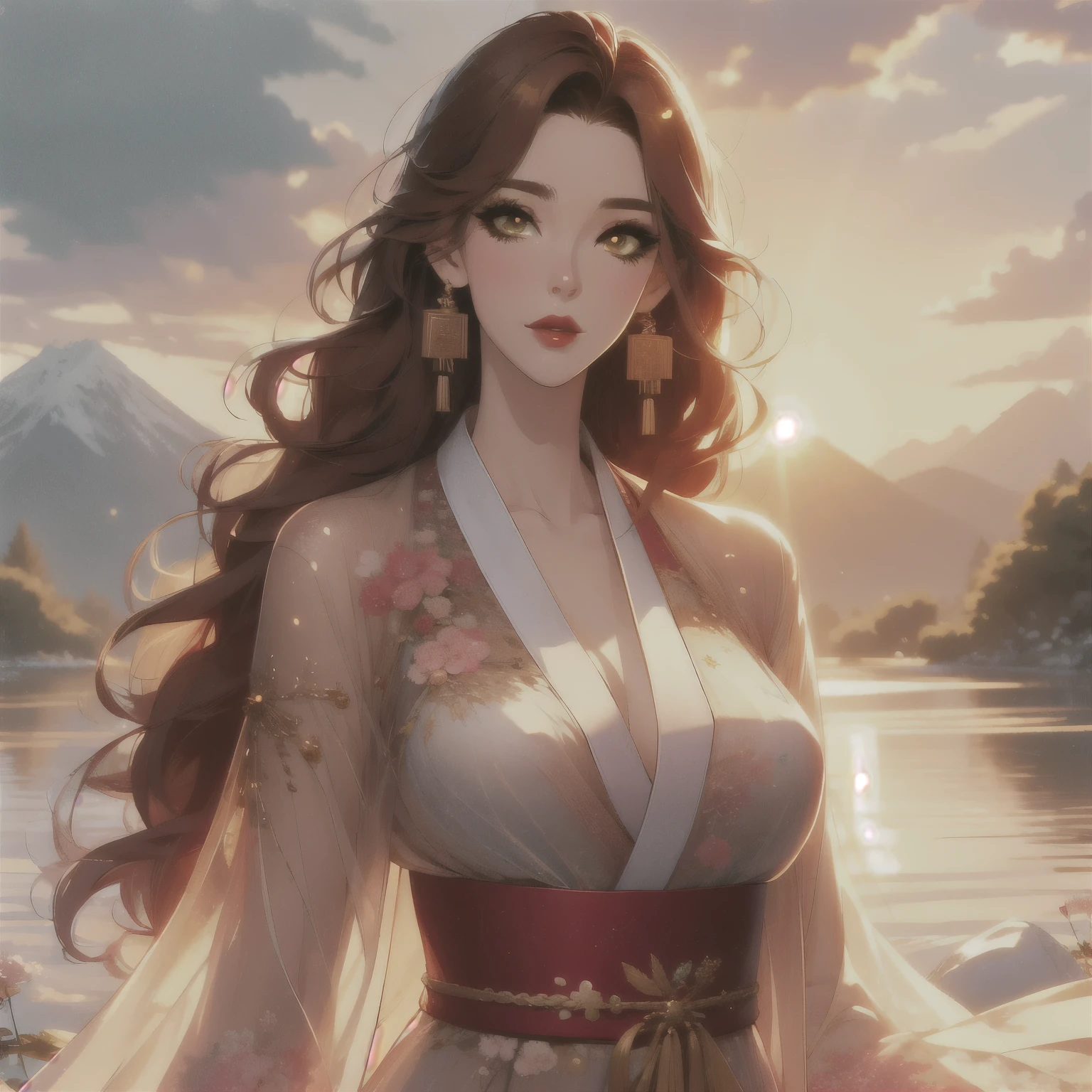 best quality, masterpiece, detail：1.4，hdr, HighDynamicRange, Ray traching，Research-usory interface，NVIDIA RTX ill herding, PBR textures, post processing, anisotropy filtering, Golden eyes, red wavy long hair woman, hanfu, elegant, detailed skin texture， depth of field, maximum resolution and sharpness, any layer textures，perfectly proportioned，octane rendering，Two-tone light，beautiful landscape in the background, mountains and cherry trees, large aperture, perfect body woman, delicate pupils，fine eyelashes and long eyelashes，pink lips, clear, cute face, sweet woman