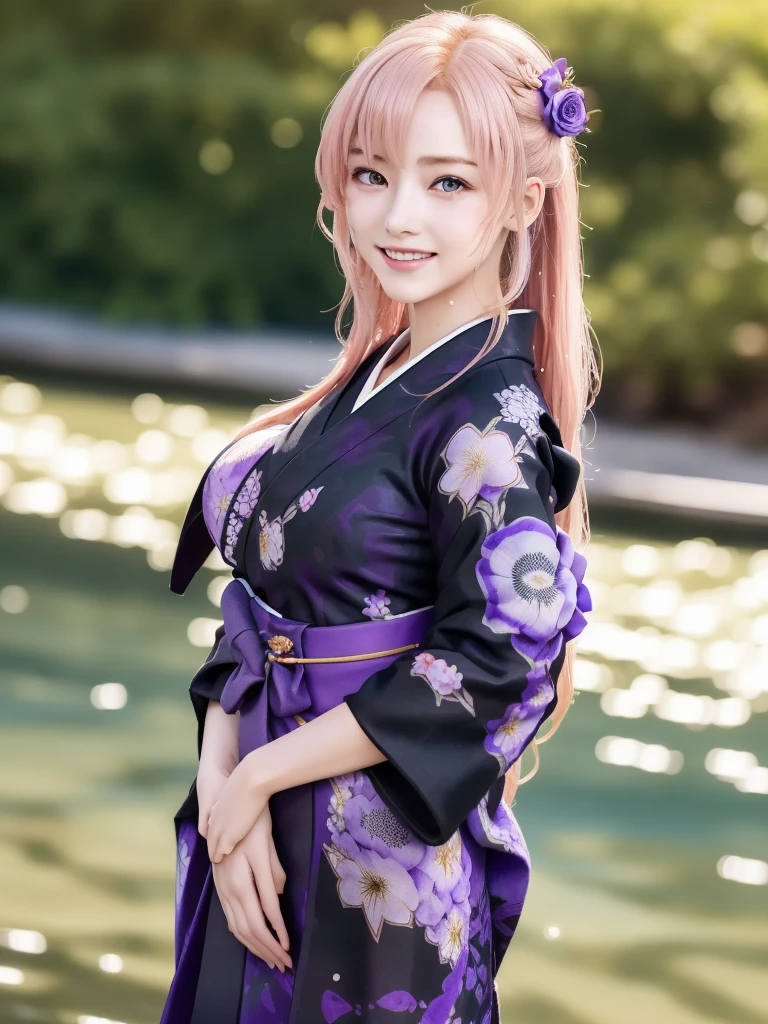 lacusclyne, lacus clyne, (purple eyes:1.1), hair ornament, long hair, wave hair ornament, (light pink hair), (Encouraging smile:1.3),
BREAK See-through, (blackand purple intricate floral printed hakama:1.5),
BREAK ((Golden hair ornament)),
BREAK 1girl, 20 years old, (Massive Breasts:1.2), Lean Body, (big hips:1.2),
BREAK looking at viewer,
BREAK outdoor, (in the sea:1.5), 
BREAK sunset, (Wet:1.25), (wet hair:1.2), (wet skin:1.2),
BREAK (Highest quality、4K、8K, 16K, masterpiece:1.37), Ultra detailed face, Detailed lips, Detailed eyes, double eyelid, 
BREAK (Seductive pose:1.75), (dynamic pose:1.3), dynamic angle, BREAK, 