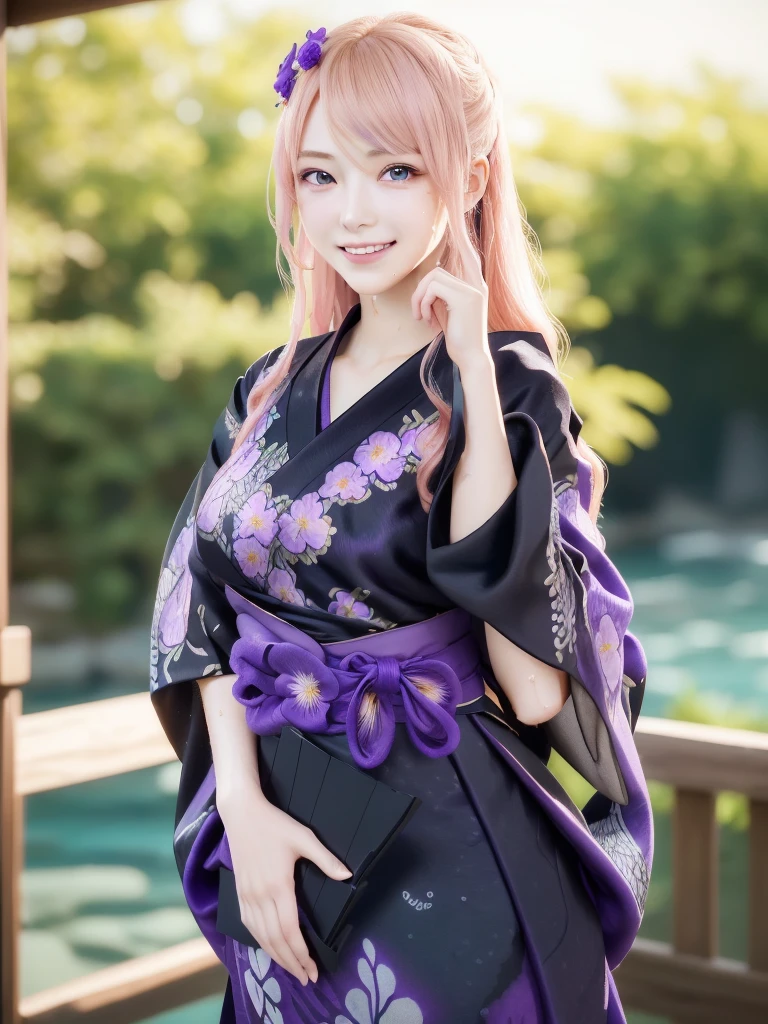 lacusclyne, lacus clyne, (purple eyes:1.1), hair ornament, long hair, wave hair ornament, (light pink hair), (Encouraging smile:1.3),
BREAK See-through, (blackand purple intricate floral printed hakama:1.5),
BREAK ((Golden hair ornament)),
BREAK 1girl, 20 years old, (Massive Breasts:1.2), Lean Body, (big hips:1.2),
BREAK looking at viewer,
BREAK outdoor, (in the sea:1.5), 
BREAK sunset, (Wet:1.25), (wet hair:1.2), (wet skin:1.2),
BREAK (Highest quality、4K、8K, 16K, masterpiece:1.37), Ultra detailed face, Detailed lips, Detailed eyes, double eyelid, 
BREAK (Seductive pose:1.75), (dynamic pose:1.3), dynamic angle, BREAK, 