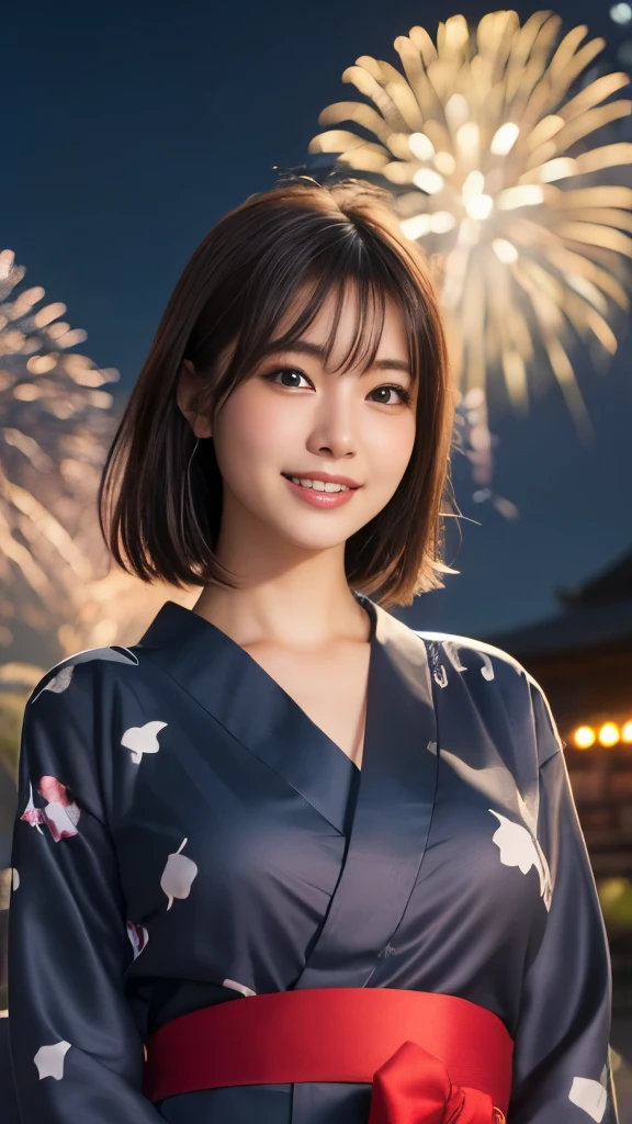 8K,Highest quality,(masterpiece:1.2),(Realistic),(Realistic:1.37),Ultra-high resolution,One Young Woman,((smile)),night,Big Breasts,Beautiful Eyes,festival grounds,(((Fireworks bursting into the sky))),(((night))),(((yukata))),Perfect body,Perfect Fingers,Professional Lighting,gravure,Detailed face and skin texture,fine grain,RAW Photos