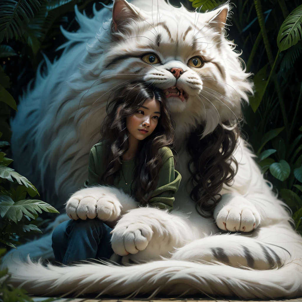 a beautiful woman in ancient beasts coat sitting with a giant cat in the rainforest, extremely detailed, soft focus, realistic, photorealistic, Ultra HD, 8k, best quality