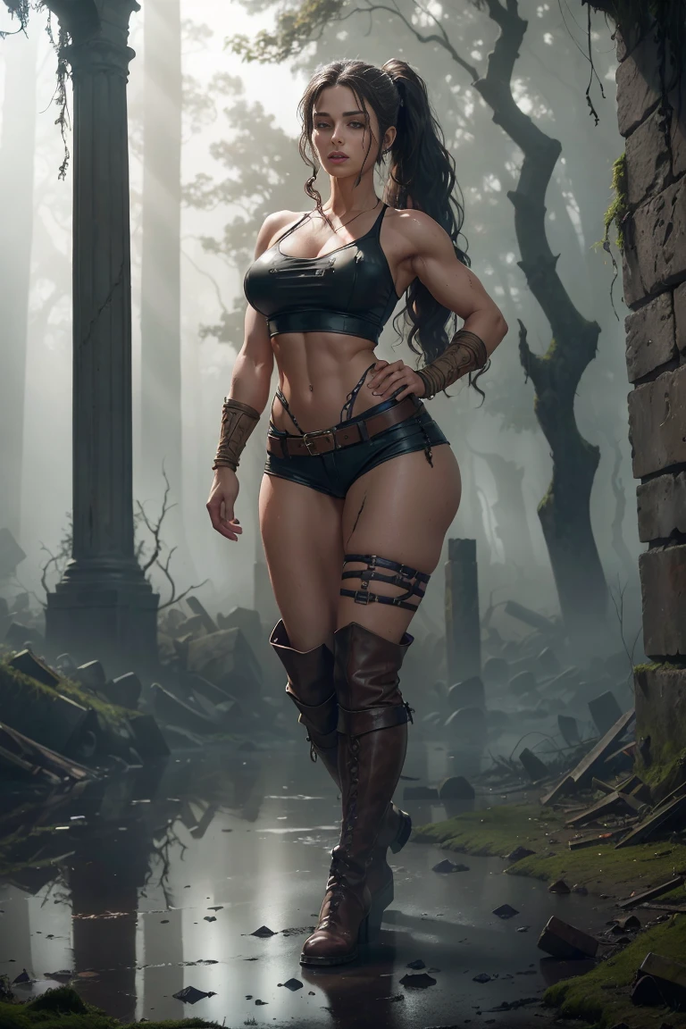 full body sexy beauty sensual archaeologist, long brown ponytail, piercing half-closed eyes, large breast, thin waist, broad shoulders, muscular arms, long shapely thighs, thin waist, long shaped thighs large breast, short leather shorts, filter sleeveless torn t-shirt deep leather boots in among the ruins of a forgotten ancient Egyptian city, (Realistic,photoRealistic, photo-Realistic:1.37),Horror, dark and gloomy atmosphere with dramatic lighting, Vivid colors, Foggy surroundings, the trees, covered with moss, detailed facial expression, long wavy hair floats in the water, Reflections on the surface of the water, Eerie fog