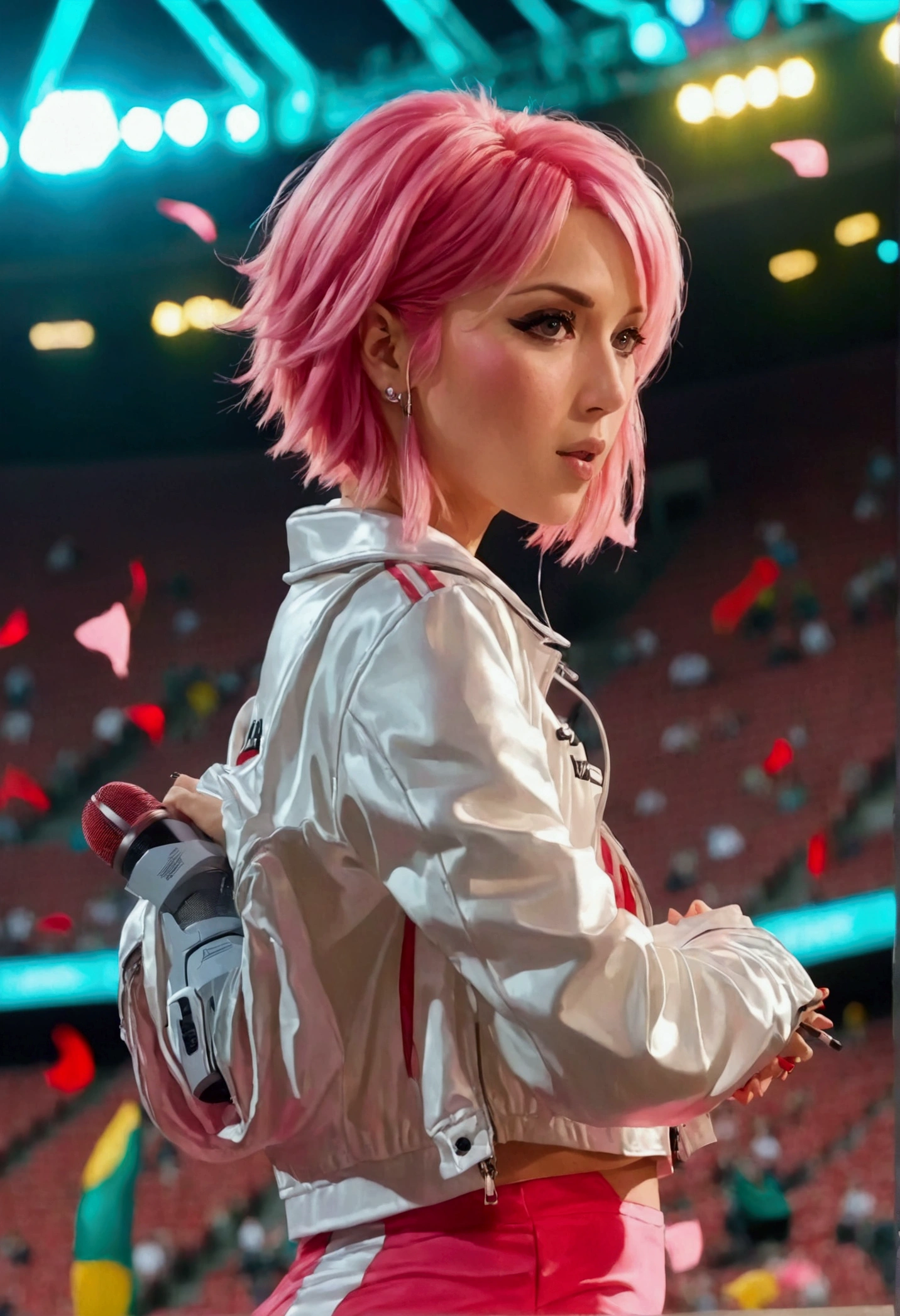 A woman Inside a football stadium you separated from a music show with her on the stage she has pink hair and short dress a pink jacket in my universe white and black sneakers with pink details she wearing a white jacket and She has short pink hair, she wears red pants and she has red eyes with some red details, she holds the microphone in one hand and in the other she has a small speaker 