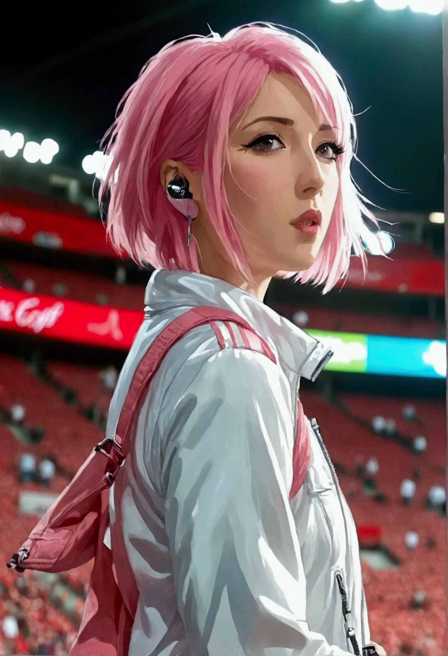 Uma mulher Dentro de um estádio de futebol você se separou de um show de música com ela no palco ela tem cabelo rosa e vestido curto uma jaqueta rosa no meu universo tênis branco e preto com detalhes rosa ela está usando uma jaqueta branca e ela tem cabelo rosa curto, ela usa calça vermelha e tem olhos vermelhos com alguns detalhes vermelhos, ela segura o microfone em uma mão e na outra ela tem um pequeno alto-falante 