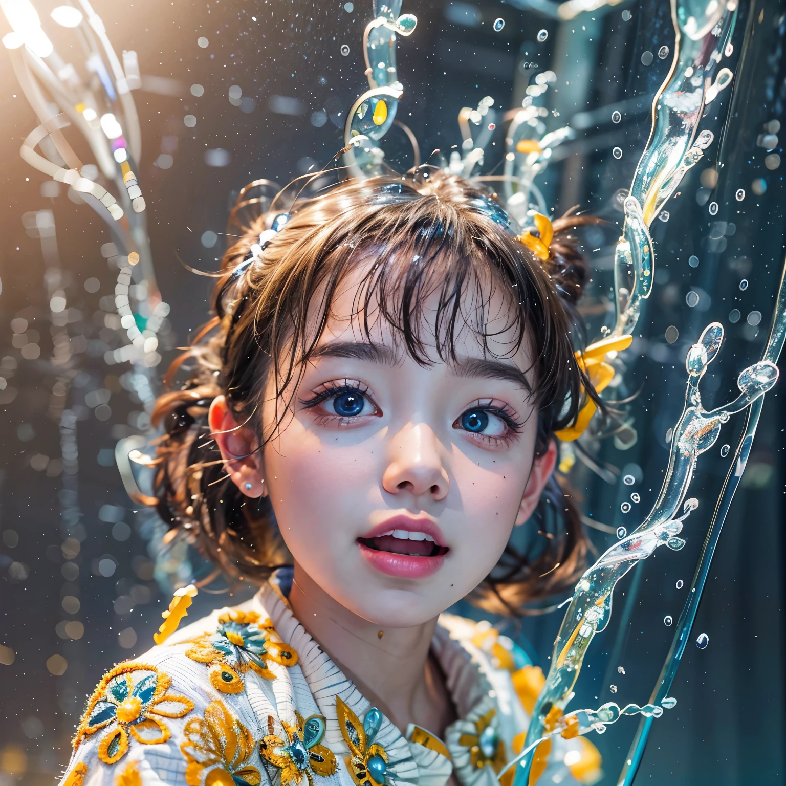 (8K TopQuality masterpiece: 1.2)(Realistic ProfessionalPhoto:1.37), VolumetricLighting. Tiny Girls, girl jumping into the water、Falling、splash water、shout、Luminous water surface、White and Bright colors, back lighting, Radiant PearlSkin, Elaborate pupil with (sparkling highlights:1.28) (Detailed KAWAII face) with cute lips, long eyelashes, Delicate clothes, {HiddenHand|Motion Blurred hand|Corrected BabyLike Hand} 