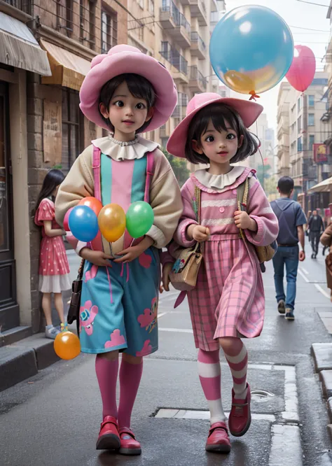 Clowns playing tricks on the street、Holding a balloon、Children are gathering、Fun atmosphere、Pop feel、bright、Perfect lighting、Hig...