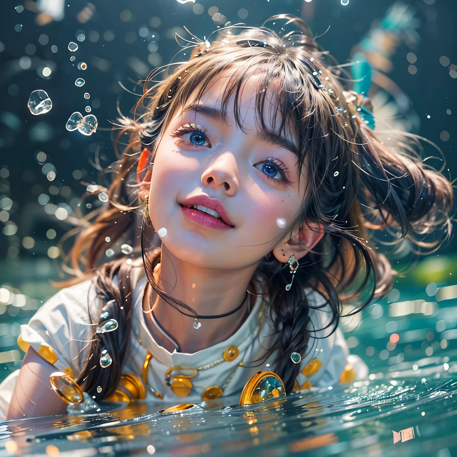 (Chef-d&#39;œuvre de qualité supérieure 8K: 1.2)(Photo professionnelle réaliste:1.37), Éclairage volumétrique. Petites filles, fille sautant dans l&#39;eau、chute、éclabousser d&#39;eau、Crier、Surface d&#39;eau lumineuse、Couleurs blanches et vives, rétroéclairage, Peau Perlée Radieuse, Élève assidu (reflets étincelants:1.28) (Visage KAWAII détaillé) avec de jolies lèvres, long cils, Vêtements délicats, {Main Cachée|Main floue de mouvement|(Main de bébé corrigée)} 