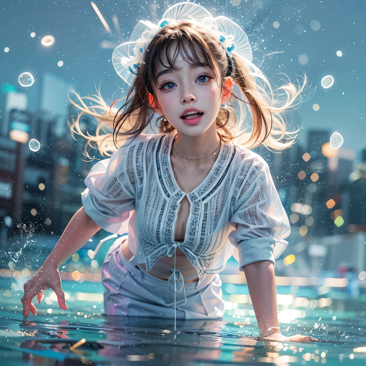 (8K TopQuality masterpiece: 1.2)(Realistic ProfessionalPhoto:1.37), VolumetricLighting. Tiny Girls, girl jumping into the water、Falling、splash water、shout、Luminous water surface、White and Bright colors, back lighting, Radiant PearlSkin, Elaborate pupil with (sparkling highlights:1.28) (Detailed KAWAII face) with cute lips, long eyelashes, Delicate clothes, {HiddenHand|Motion Blurred hand|(Corrected BabyLike Hand)} 