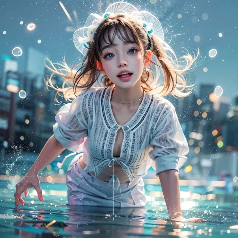 (8K TopQuality masterpiece: 1.2)(Realistic ProfessionalPhoto:1.37), VolumetricLighting. Tiny Girls, girl jumping into the water、...