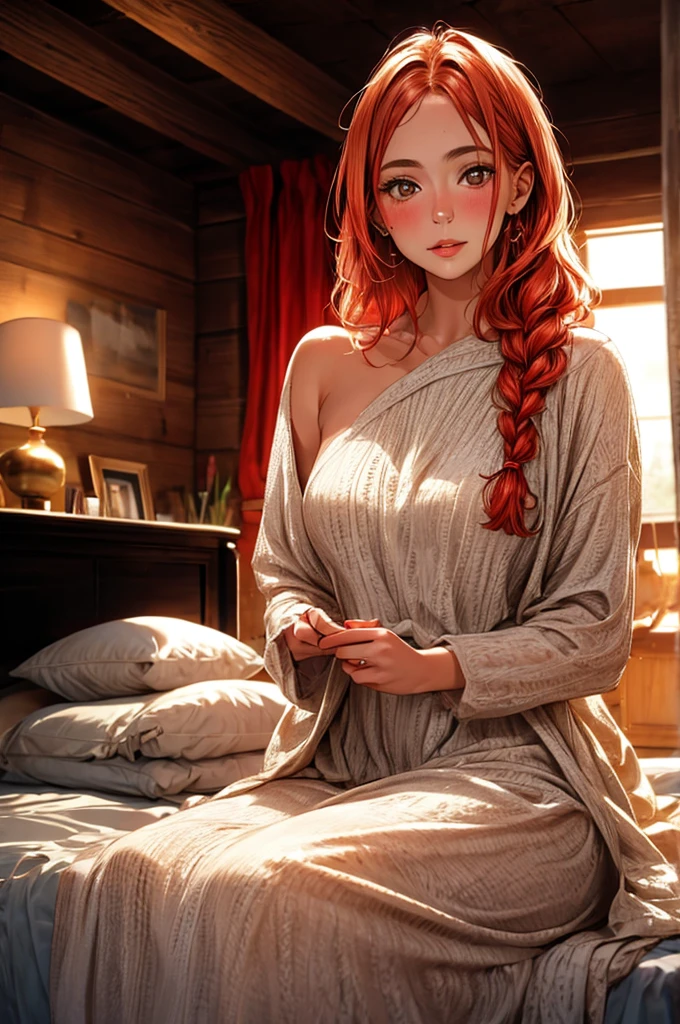 Young Scandinavian woman, Cute face, Fascinating, Highest quality, masterpiece, Translucent summer dress, Golden Hour, Detailed Texture, Long braided hair, Sitting on the bed, Pause, カジュアルなPause, Wooden cottage, interior, [blush], beautiful, Complex, Caustics, light, sunlight, (((Soft lips))), (((Glossy Lips))), Very detailed, (Semi-realistic:1.2), Niroudef, Redhead