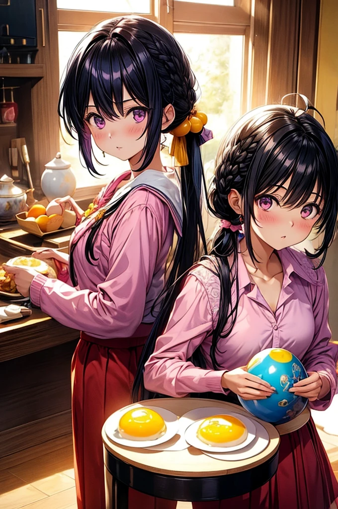 masterpiece, One girl, Medium chest, alone, araragi karen, hair ornaments, egg hair ornaments, Side Ponytail, Black Hair, food-themed hair ornaments, fried egg, View your viewers, egg (food), Long Hair, (Iris:1.1), Purple Skirt, No sleeve, Pink Shirt, homework, Book, Holding a pencil