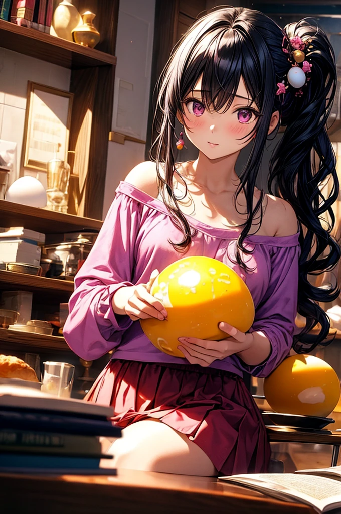 masterpiece, One girl, Medium chest, alone, araragi karen, hair ornaments, egg hair ornaments, Side Ponytail, Black Hair, food-themed hair ornaments, fried egg, View your viewers, egg (food), Long Hair, (Iris:1.1), Purple Skirt, No sleeve, Pink Shirt, homework, Book, Holding a pencil