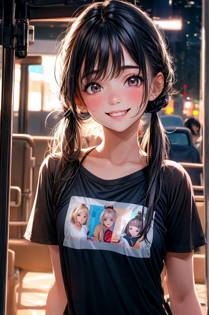 Cute Female Star Girl, Uneven twin tails, light makeup, Middle breast size, smile, Color T-shirt, by bus, Clear facial features with crisp, realistic detail, Sony FE, 35mm, Cinema Lighting, Attention to detail, UHigh resolution, high quality, High resolution, 8K, 16K