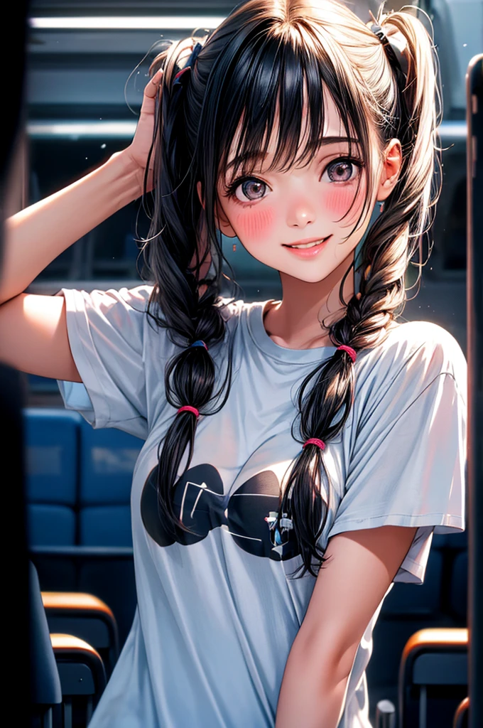 Cute Female Star Girl, Uneven twin tails, light makeup, Middle breast size, smile, Color T-shirt, by bus, Clear facial features with crisp, realistic detail, Sony FE, 35mm, Cinema Lighting, Attention to detail, UHigh resolution, high quality, High resolution, 8K, 16K