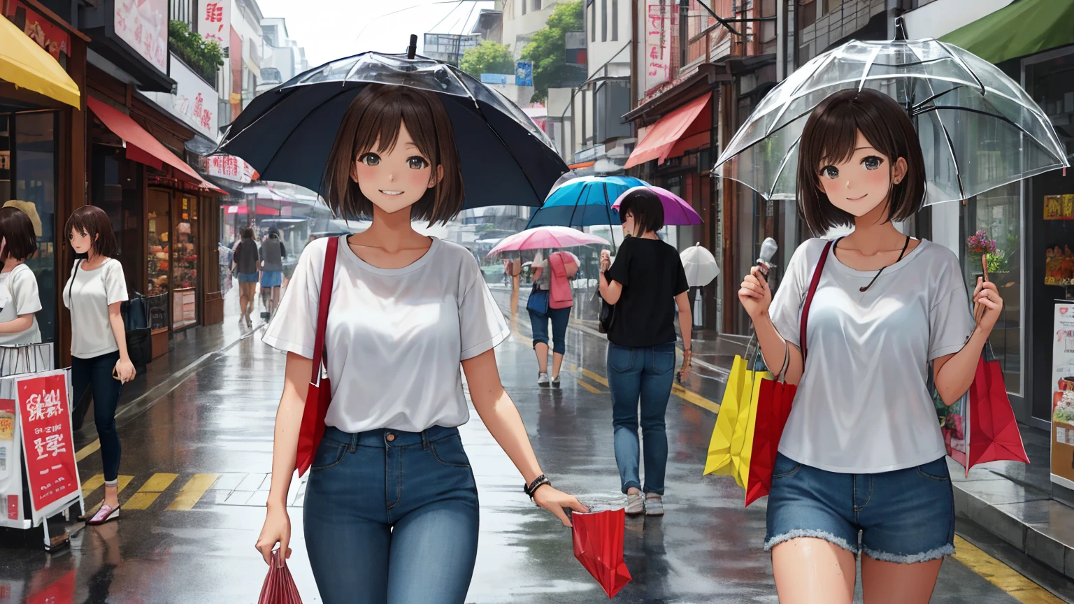 On a shopping street on a rainy summer day、A shot of a woman、The woman has light brown hair in a very short bob.、Women are dressed in T-shirts and jeans、The woman was holding a closed transparent plastic umbrella in her hand.、I&#39;m soaking wet、That&#39;s a cute smile、I&#39;m making a spinning Bose。