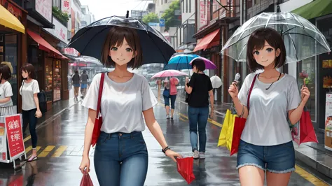 On a shopping street on a rainy summer day、A shot of a woman、The woman has light brown hair in a very short bob.、Women are dress...