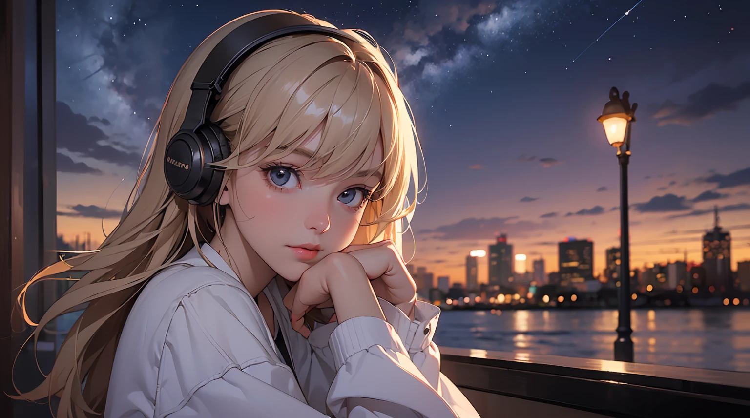 ((masterpiece)),(((bestquality))),((ultra-detailed)) realisticlying, 1 girl, Beautiful, wearing headphones, enjoying hot coffee solo, Late Night Cafe, looking to viewer, city, starry sky, cloud, night.