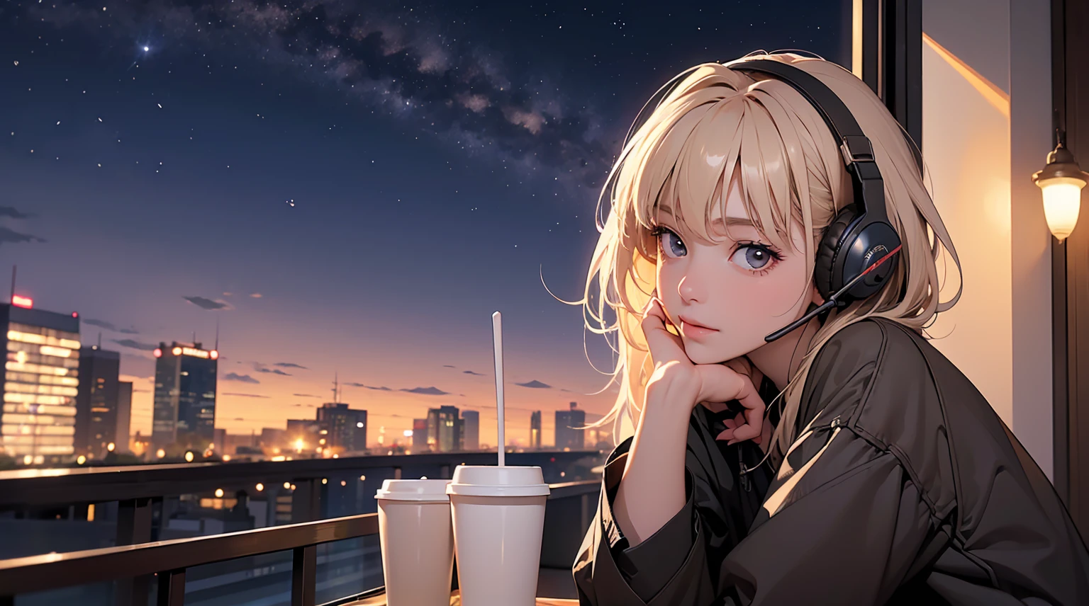 ((masterpiece)),(((bestquality))),((ultra-detailed)) realisticlying, 1 girl, Beautiful, wearing headphones, enjoying hot coffee solo, Late Night Cafe, looking to viewer, city, starry sky, cloud, night.