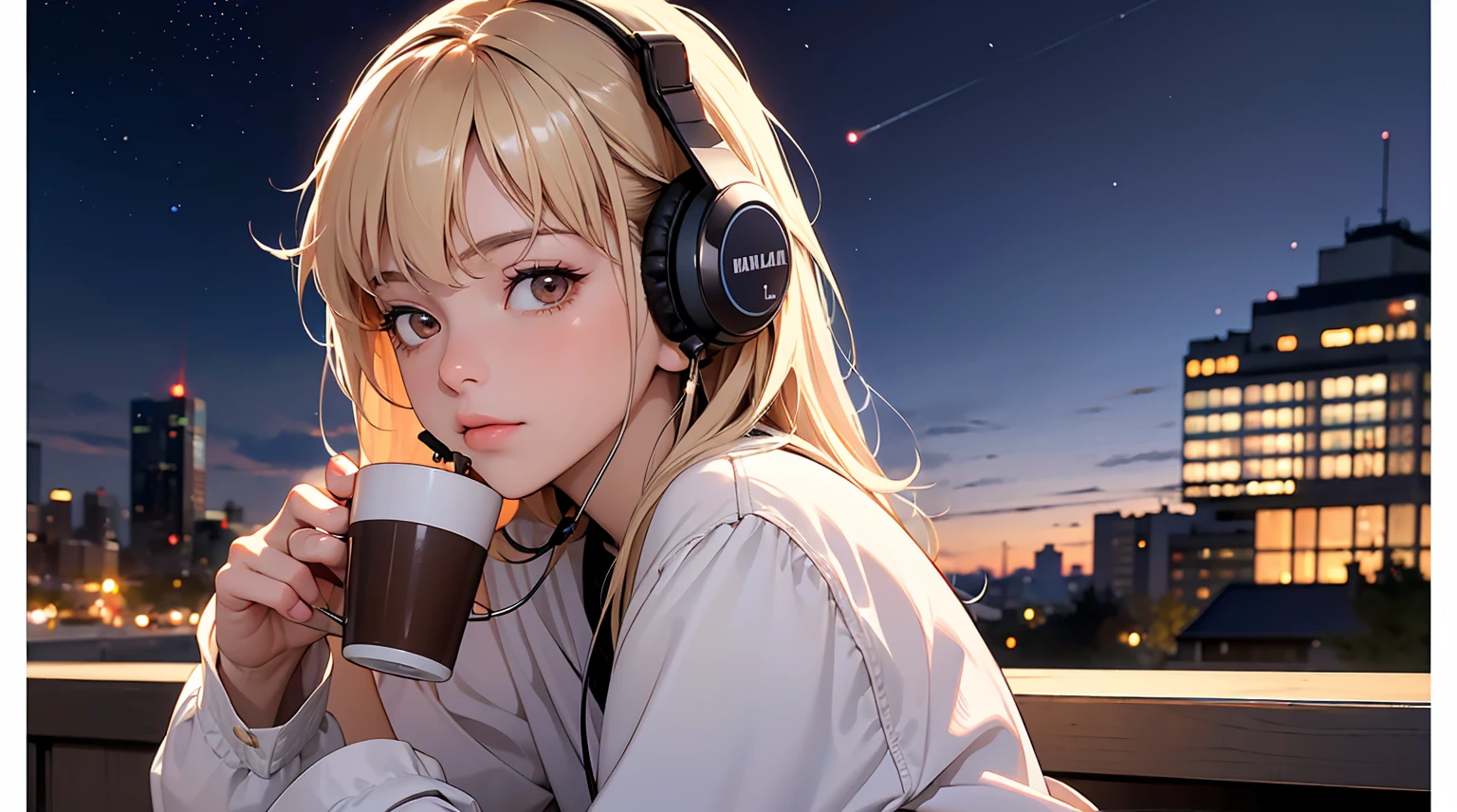 ((masterpiece)),(((bestquality))),((ultra-detailed)) realisticlying, 1 girl, Beautiful, wearing headphones, enjoying hot coffee solo, Late Night Cafe, looking to viewer, city, starry sky, cloud, night.