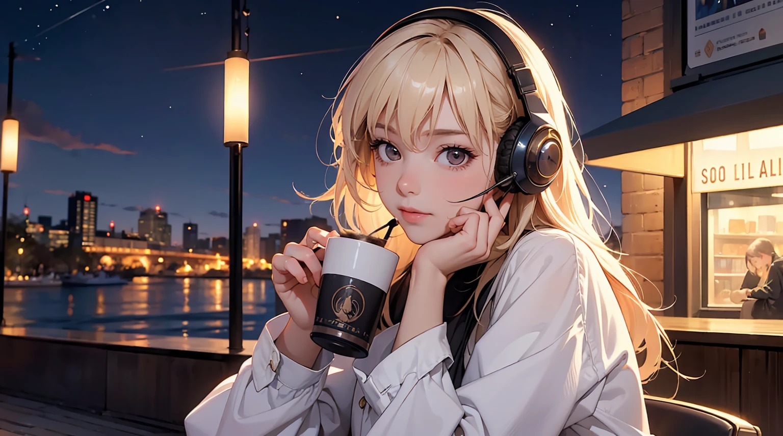 ((masterpiece)),(((bestquality))),((ultra-detailed)) realisticlying, 1 girl, Beautiful, wearing headphones, enjoying hot coffee solo, Late Night Cafe, looking to viewer, city, starry sky, cloud, night.