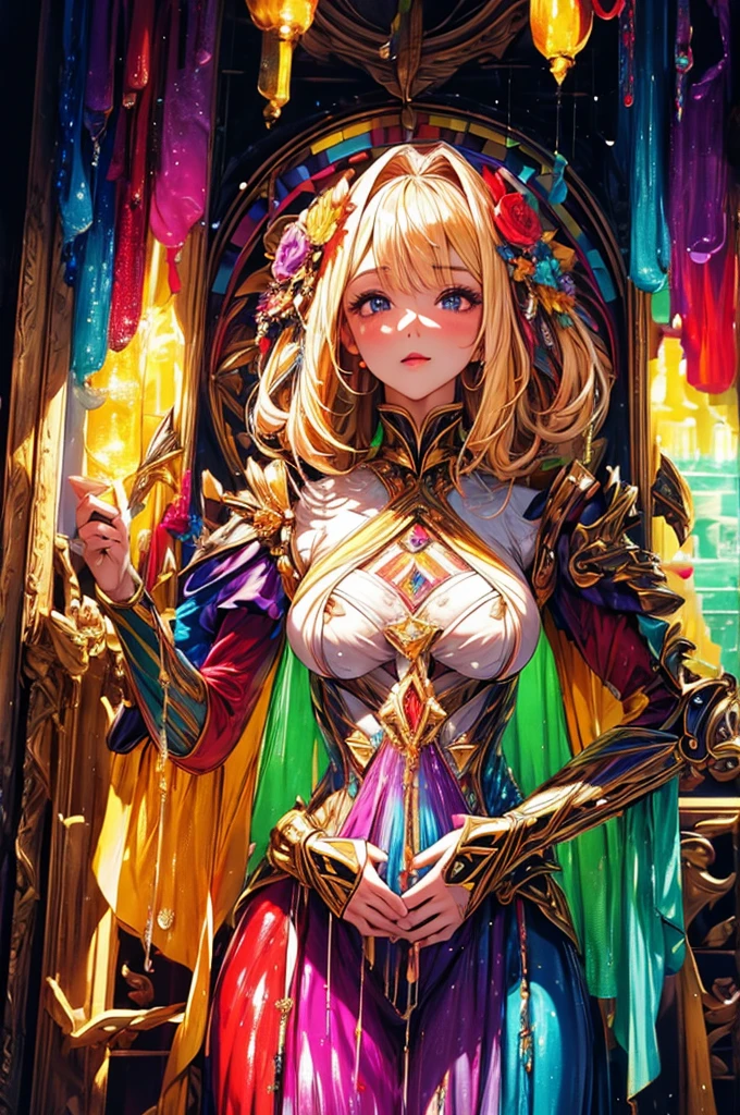 Beautiful blonde woman, The wax dress melts and drips off her body. (masterpiece: 1.2), (Highest quality), 4K, Super detailed, (Dynamic configuration: 1.4), Very detailed, Colorful details, (Rainbow colors: 1.2), (Bright lighting, Atmospheric lighting), dream-like, Magic, (alone: 1.2)  