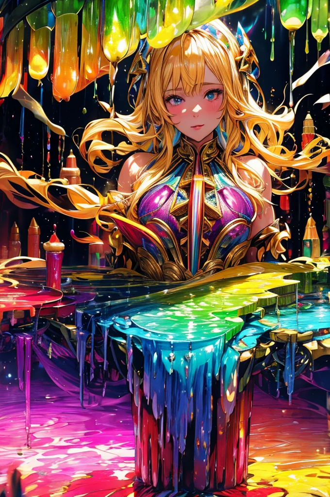 Beautiful blonde woman, The wax dress melts and drips off her body. (masterpiece: 1.2), (Highest quality), 4K, Super detailed, (Dynamic configuration: 1.4), Very detailed, Colorful details, (Rainbow colors: 1.2), (Bright lighting, Atmospheric lighting), dream-like, Magic, (alone: 1.2)  