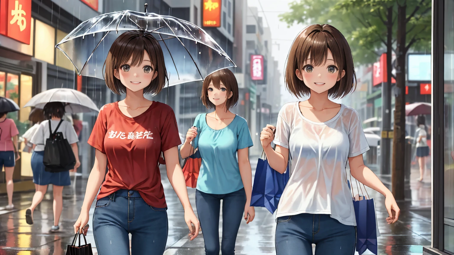 On a deserted shopping street on a rainy summer day、A shot of a woman、The woman has light brown hair in a very short bob.、Women are dressed in T-shirts and jeans、The woman is soaked in the rain、That&#39;s a cute smile、I&#39;m making a spinning Bose。
