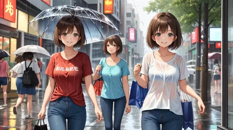 On a deserted shopping street on a rainy summer day、A shot of a woman、The woman has light brown hair in a very short bob.、Women ...